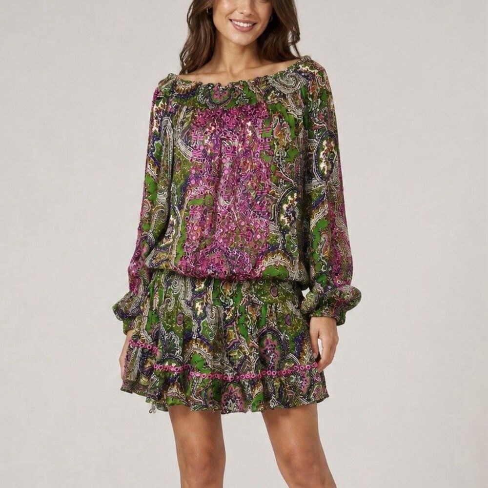 Miss June Paris Paisley Mirror Embroidered Mini Dress Green Pink Boho One Size